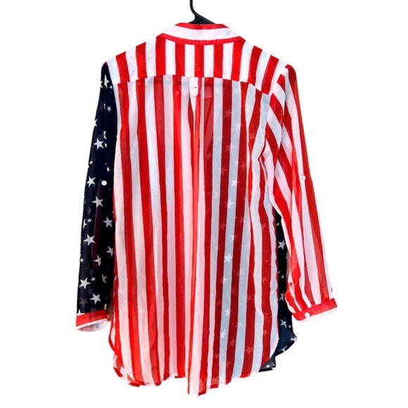 NWT Red, White & Blue Stars & Stripes Sheer Button Down Shirt Size Large - Picture 7 of 10